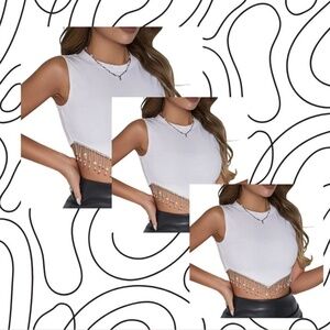 White Sleeveless Crop Top with Rhinestone Fringe